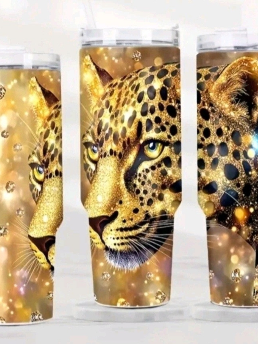 40 Oz. Exotic Stainless Steel Leopard Gold Face Insulated  Tumbler W/Lid